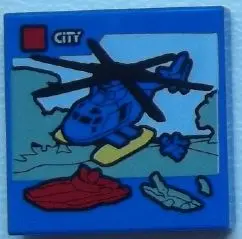 Blue Tile 2 x 2 with LEGO City Set Box Art, Helicopter, Red Boat, and Sand Green Alligator / Crocodi