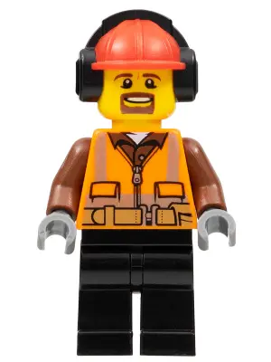 Cargo Center Worker - Male, Orange Safety Vest, Reflective Stripes, Reddish Brown Shirt, Black Legs,