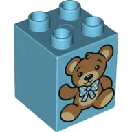 Medium Azure Duplo, Brick 2 x 2 x 2 with Teddy Bear and Teddy Bear with Bandages on Reverse Pattern