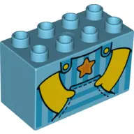 Medium Azure Duplo, Brick 2 x 4 x 2 with Striped Overalls, Hands in Pockets and Orange Star Pattern