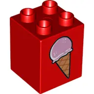 Red Duplo, Brick 2 x 2 x 2 with Ice Cream Cone and Dropped Ice Cream Cone on Reverse Pattern