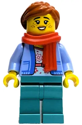 Wintertime Carriage Passenger - Female, Bright Light Blue Jacket over White Shirt with Coral Flowers