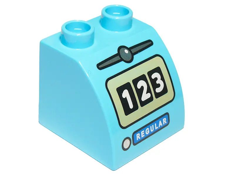 Medium Azure Duplo, Brick 2 x 2 x 1 1/2 Slope Curved with '123' and 'REGULAR' Fuel Pump Pattern