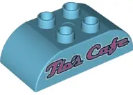 Medium Azure Duplo, Brick 2 x 4 Slope Curved Double with Dark Pink Script 'Flo's Cafe' Pattern