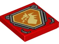 Red Tile 2 x 2 with Bright Light Yellow Dragon Head on Orange Hexagonal Shield with Silver Border Pa