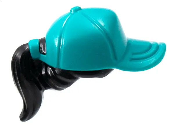Black Minifigure, Hair Combo, Hair with Hat, Ponytail with Molded Dark Turquoise Ball Cap Pattern