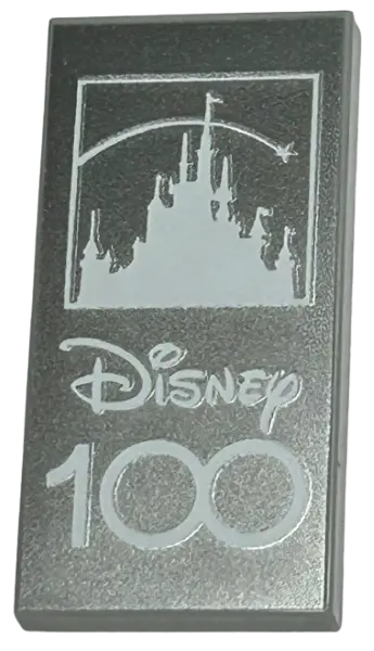 Light Bluish Gray Tile 2 x 4 with White 'Disney 100' and Disney Castle Silhouette on Silver Backgrou