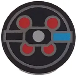 Black Tile, Round 2 x 2 with Bottom Stud Holder with Dark Azure Rectangle, Red Circles and Silver Li