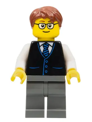 Launch Director - Male, Black Vest with Blue Striped Tie, Dark Bluish Gray Legs, Reddish Brown Short