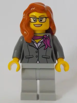 Scientist - Female, Dark Bluish Gray Jacket with Magenta Scarf, Dark Orange Female Hair over Shoulde