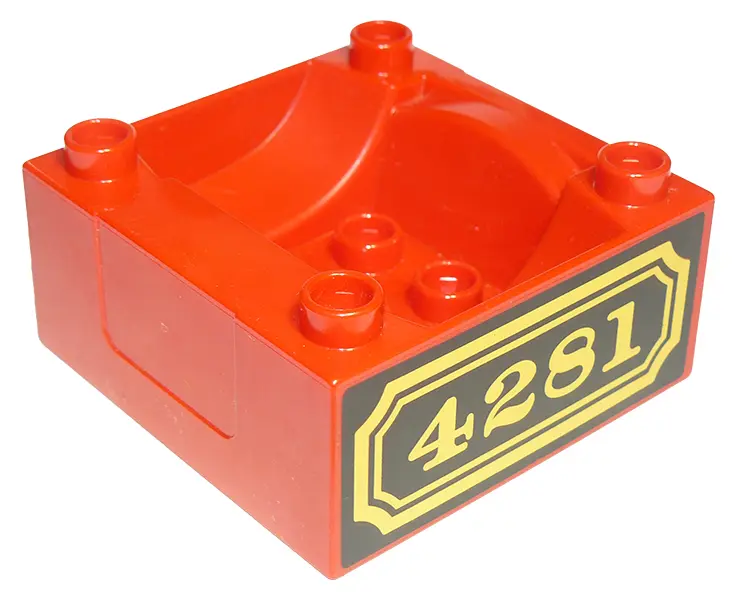 Red Duplo, Train Cab / Tender Base with Bottom Tubes with Yellow '4281' and Border on Black Backgrou