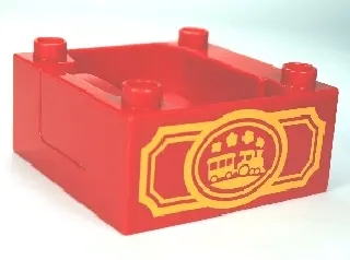 Red Duplo, Train Cab / Tender Base with Bottom Tubes with Yellow Train in Oval Pattern on Opposite S