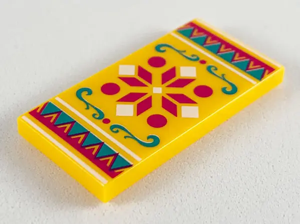 Bright Light Orange Tile 2 x 4 with Magenta and White Geometric, Dark Turquoise Filigree, Dark Turqu