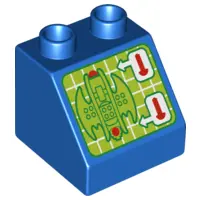 Blue Duplo, Brick 2 x 2 x 1 1/2 Slope 45 with Screen with Batwing and Shooting Controls Pattern