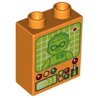 Orange Duplo, Brick 1 x 2 x 2 with Lever, Controls and Screen with Robin Pattern