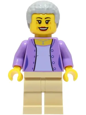Woman - Medium Lavender Jacket over Lavender Shirt, Tan Legs, Light Bluish Gray Hair