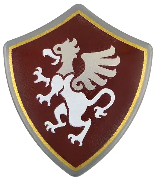 Silver Minifigure, Shield Quadrilateral with White and Silver Griffin on Dark Red Background with Go