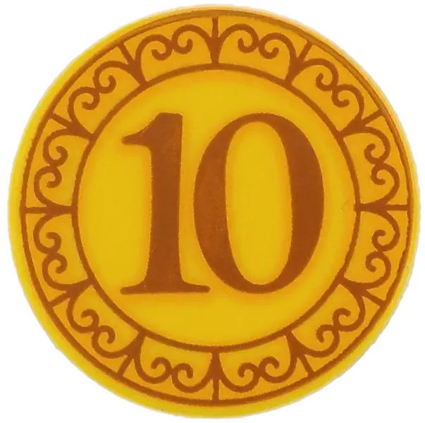 Tile, Round 2 x 2 with Bottom Stud Holder with Coin with Dark Orange and Bright Light Orange '10' an