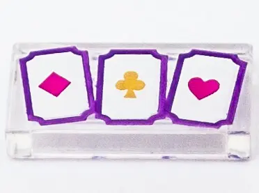 Trans-Clear Tile 1 x 2 with 3 Playing Cards with Diamond, Club and Heart Pattern