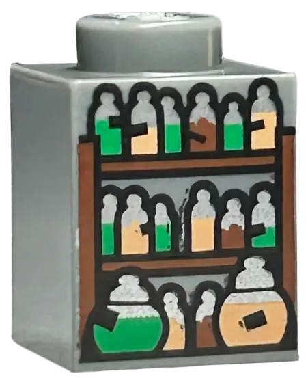 Dark Bluish Gray Brick 1 x 1 with Shelves and Potion Bottles with Black Labels, Silver Tops, and Gre