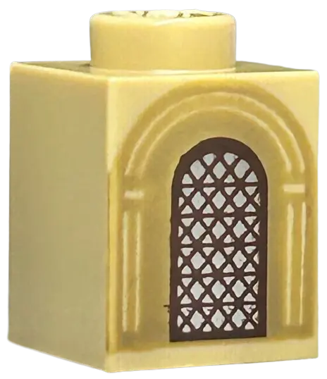Tan Brick 1 x 1 with Silver Arched Window with Dark Brown Lattice and Dark Tan Arches Pattern