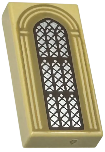 Tan Tile 1 x 2 with Silver Arched Window with Dark Brown Lattice and Dark Tan Arches Pattern