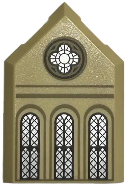 Tan Tile, Modified 2 x 3 Pentagonal with Ornate Round and 3 Arched Silver Windows with Dark Brown La