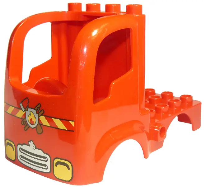 Red Duplo Car Body Truck 4 x 4 Flatbed with 4 Top Studs with Headlights and Fire Logo Pattern