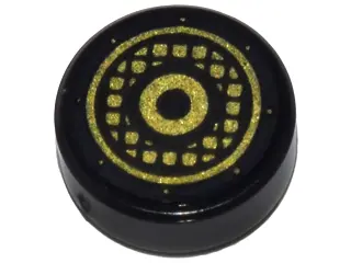 Black Tile, Round 1 x 1 with Gold Concentric Circles and Speaker Grille Pattern