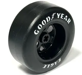 Black Wheel 50 x 22 with Axle Hole and 6 Holes with Molded Black Hard Rubber Tire and Printed White 