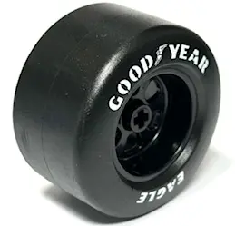 Black Wheel 50 x 30 with Axle Hole and 6 Holes with Molded Black Hard Rubber Tire and Printed White 