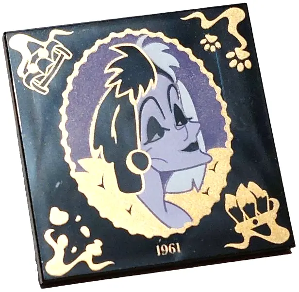 Black Tile 4 x 4 with Lavender and Dark Purple Cruella De Vil Portrait in Scalloped Oval Frame with 
