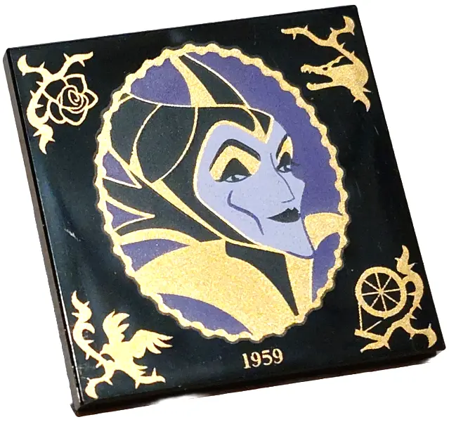 Black Tile 4 x 4 with Lavender and Dark Purple Maleficent Portrait in Scalloped Oval Frame with Gold