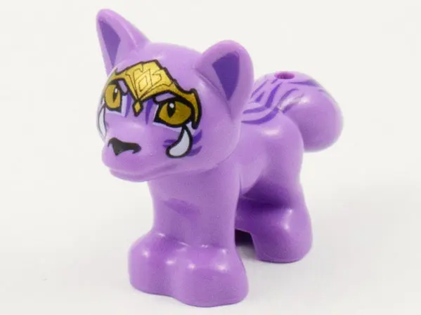 Medium Lavender Fox, Friends Style with Gold Headpiece and Eyes, 2 White Tusks, Dark Purple Hair Pat
