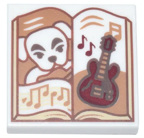 White Tile 2 x 2 with Open Book with White Dog, Dark Red Guitar, and Medium Nougat Music Notes Patte