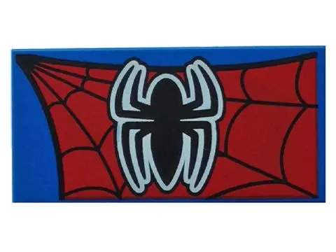 Blue Tile 2 x 4 with Black Spider with White Outline on Red Spider-Man Web Pattern