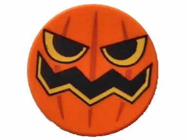 Orange Tile, Round 2 x 2 with Bottom Stud Holder with Pumpkin Jack O' Lantern Pattern