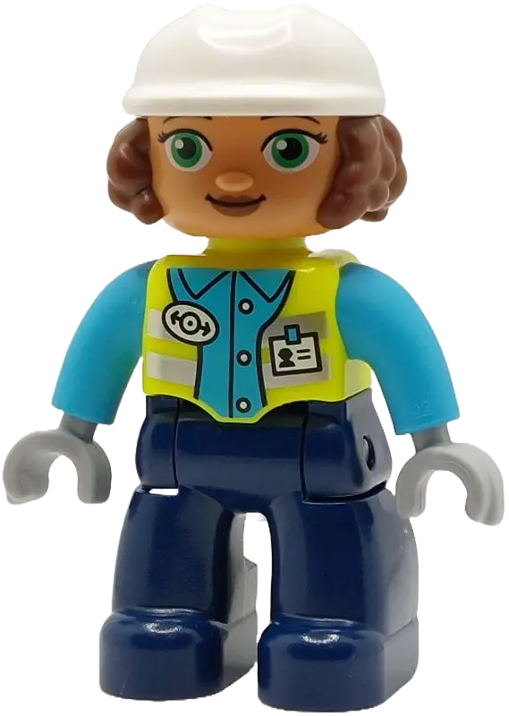 Duplo Figure Lego Ville, Female Railway Worker, Dark Blue Legs, Neon Yellow Vest with Name Tag and T