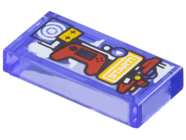 Trans-Purple Tile 1 x 2 with Game System Tower with Red Controller, White Target and 'START!' Patter