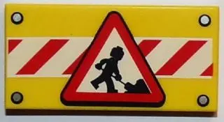 Yellow Tile 2 x 4 with Road Sign Construction Worker on Red and White Danger Stripes Pattern