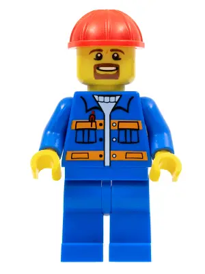 Blue Jacket with Pockets and Orange Stripes, Blue Legs, Red Construction Helmet, Brown Moustache and
