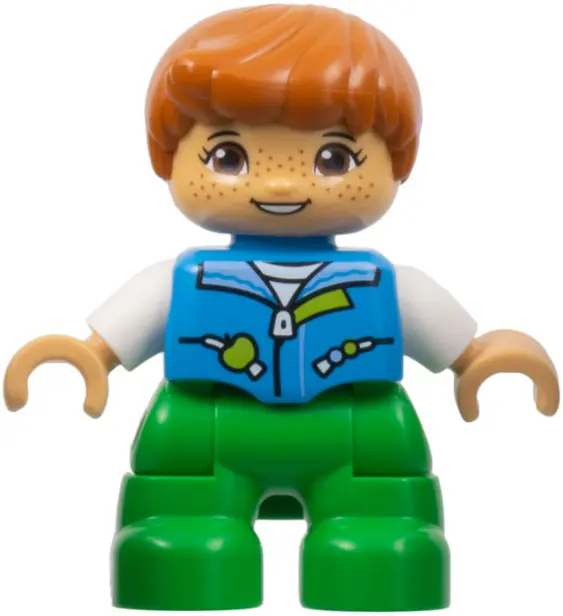 Duplo Figure Lego Ville, Child Girl, Bright Green Legs, Dark Azure Vest, White Shirt, Dark Orange Ha