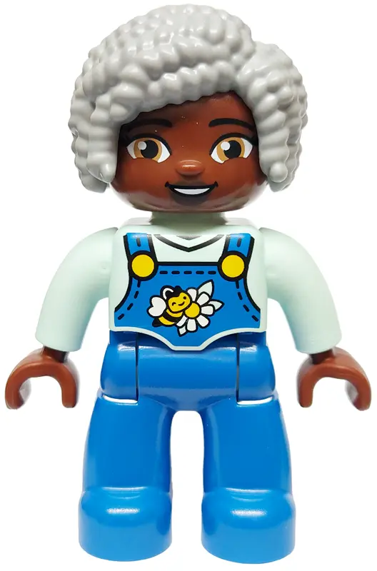 Duplo Figure Lego Ville, Female, Blue Legs with Overalls, Bee and Daisy, Light Bluish Gray Hair (646