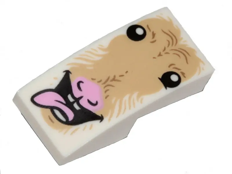 White Slope, Curved 2 x 1 x 2/3 Inverted with Tan Fur, Eyes, Open Mouth, Bright Pink Tongue and Nose