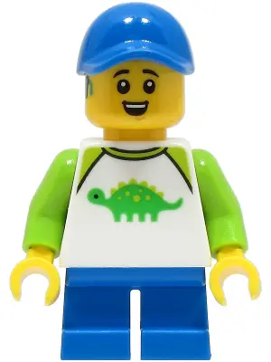 Child - Boy, White Shirt with Bright Green Dinosaur, Blue Short Legs, Blue Cap, Hearing Aid