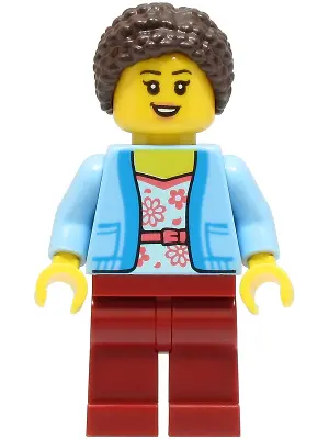 Mom - Bright Light Blue Jacket over White Shirt with Coral Flowers, Dark Red Legs, Dark Brown Hair B