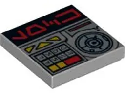Light Bluish Gray Tile 2 x 2 with Red Aurebesh Characters 'LOCK' and Key Controls Pattern