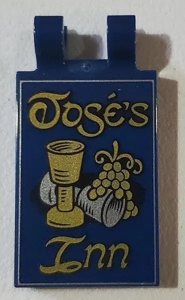 Dark Blue Tile, Modified 2 x 3 with 2 Clips with Wine Goblets, Grapes and 'José's Inn' Pattern