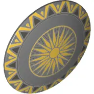 Dark Bluish Gray Minifigure, Shield Circular / Round Convex Face with Sunburst and Gold Trim Pattern