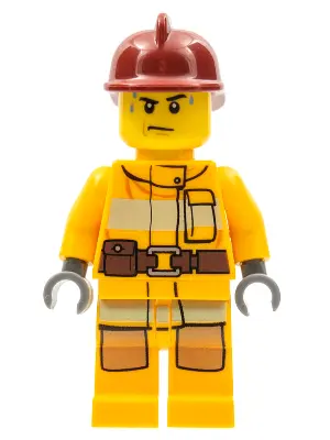 Fire - Bright Light Orange Fire Suit with Utility Belt, Dark Red Fire Helmet, Sweat Drops